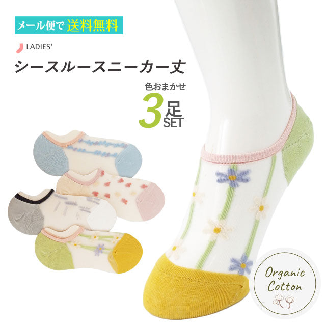レディースシースルースニーカーソックス ３足セット 色おまかせ
