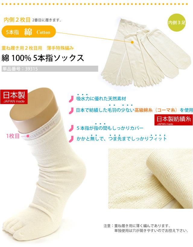 冷えとり靴下 4枚重ね履き靴下(内側2足目)-綿100%5本指ソックス